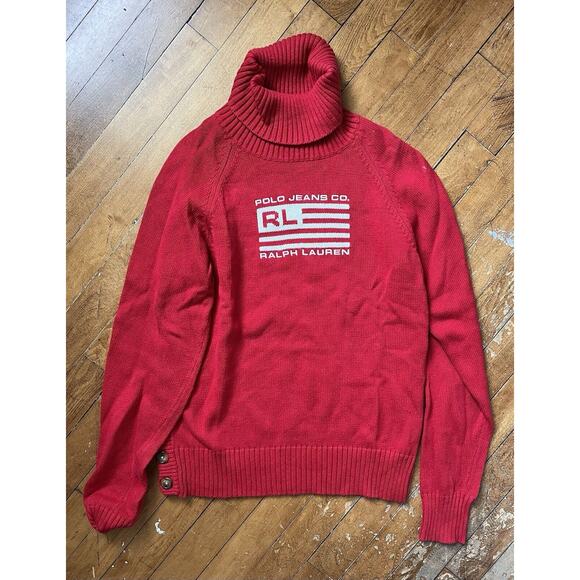 ✨POLO JEANS CO. RALPH LAUREN Red American Flag Logo Roll Neck Pullover Sweater M - Picture 1 of 5